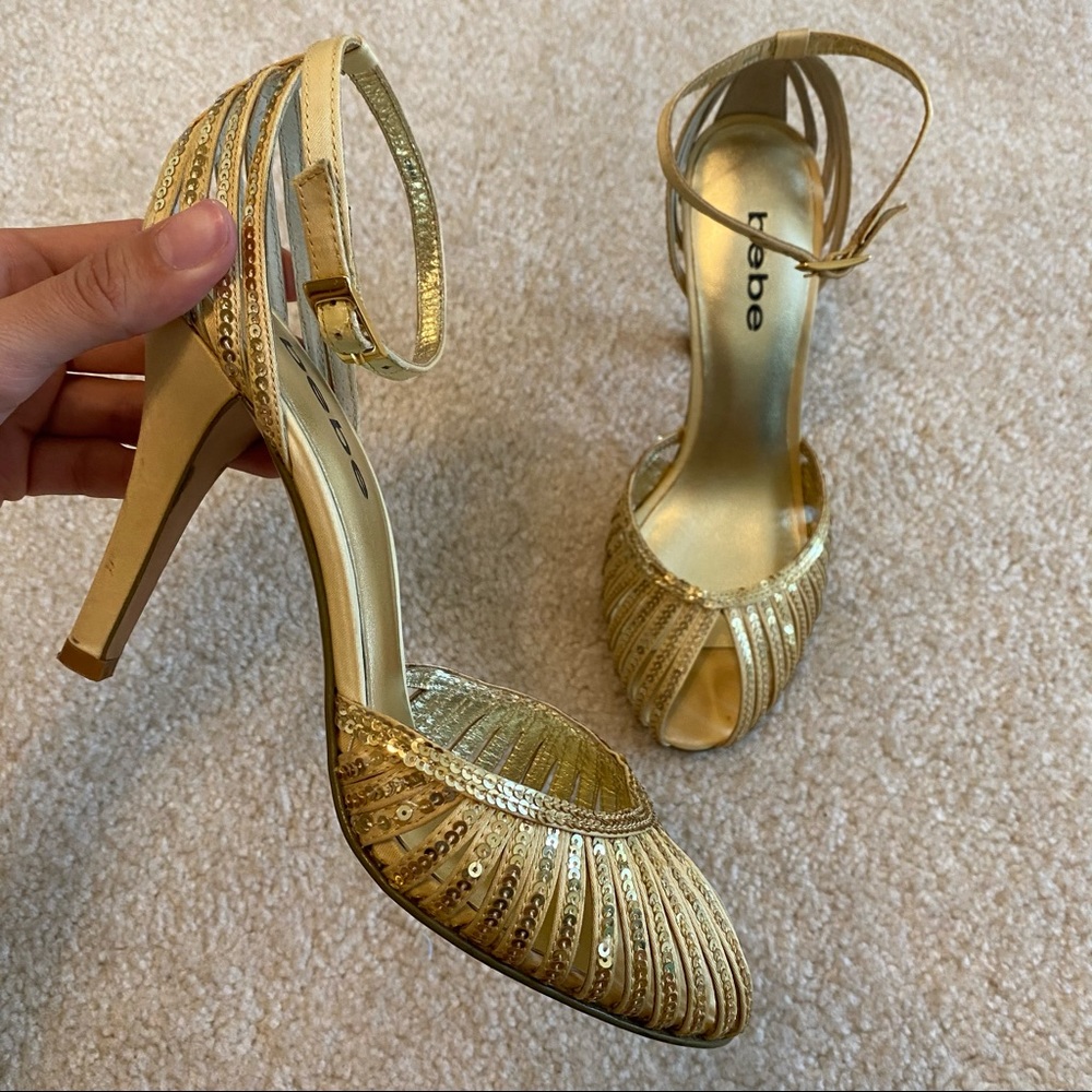 Bebe Gold Sequin Peep Toe Heel